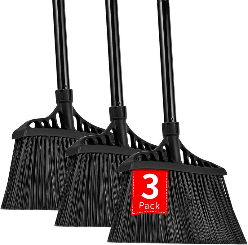 Tiumso 3-Pack Heavy Duty Broom, Commercial Broom with 55" Long Handle Outdoor Indoor, Industrial Brooms for Sweeping Garage Concrete Courtyard Patio Home Kitchen Office - All Black - Image 1